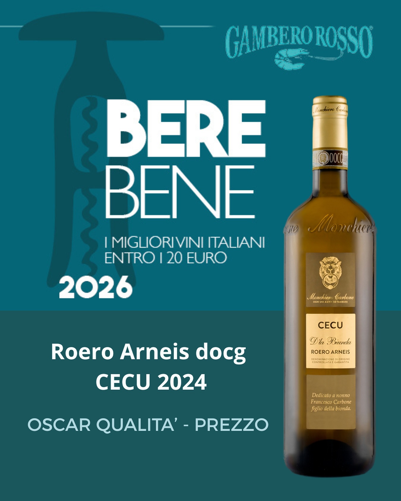 Il Roero Arneis Cecu 2024 vince nuovamente l’Oscar qualità-prezzo sulla guida BereBene 2026 del Gambero Rosso, dedicata ai migliori vini italiani entro i 20€ in enoteca!
- 
-
The Roero Arneis Cecu 2024 won in e again the Oscar for quality-price value on the guide BereBene 2026 by Gambero Rosso, dedicated to the best Italian wines within €20 in the wine shops!

@gambero_rosso @gamberorossointernational #berebene #roeroarneis #cecuroeroarneis #bestitalianwine #monchierocarbonewinery #bestwines #gamberorosso
