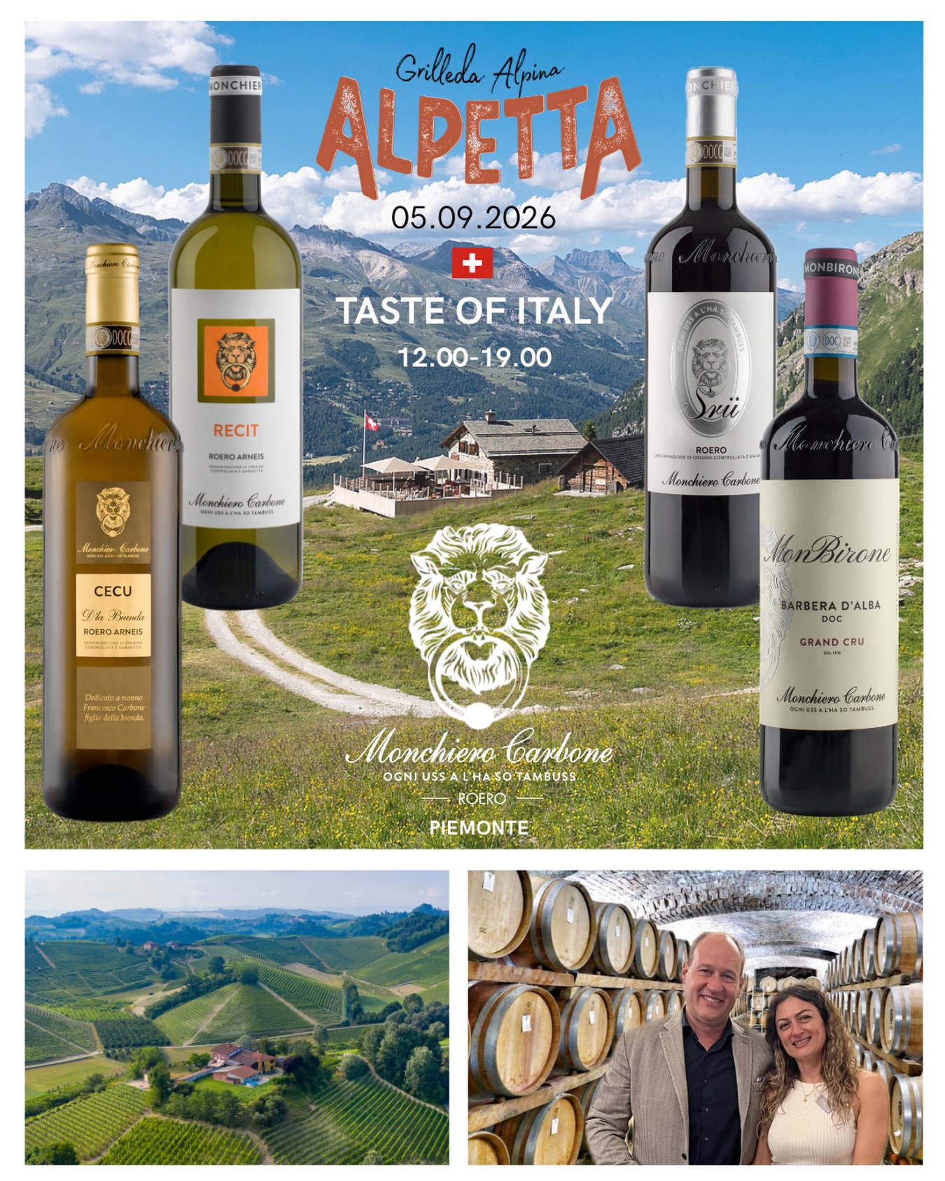 🗓️ Saturday 05 September 2026:

Joining @alpettacorvatsch for a lovely event : Taste of Italy 🇮🇹! 
From 12.00 to 19.00 we’ll pour some wines open air with italian delicatessen! 😋🍷

@caratelloweine 

#monchierocarbone #winelovers #switzerland #corvatsch