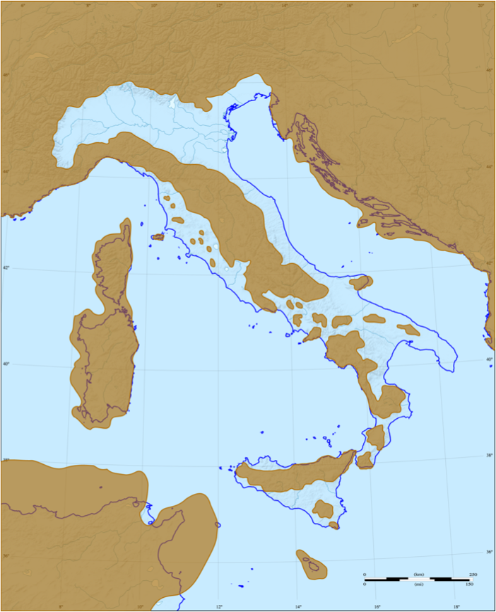 Map of Italy in the Miocene era